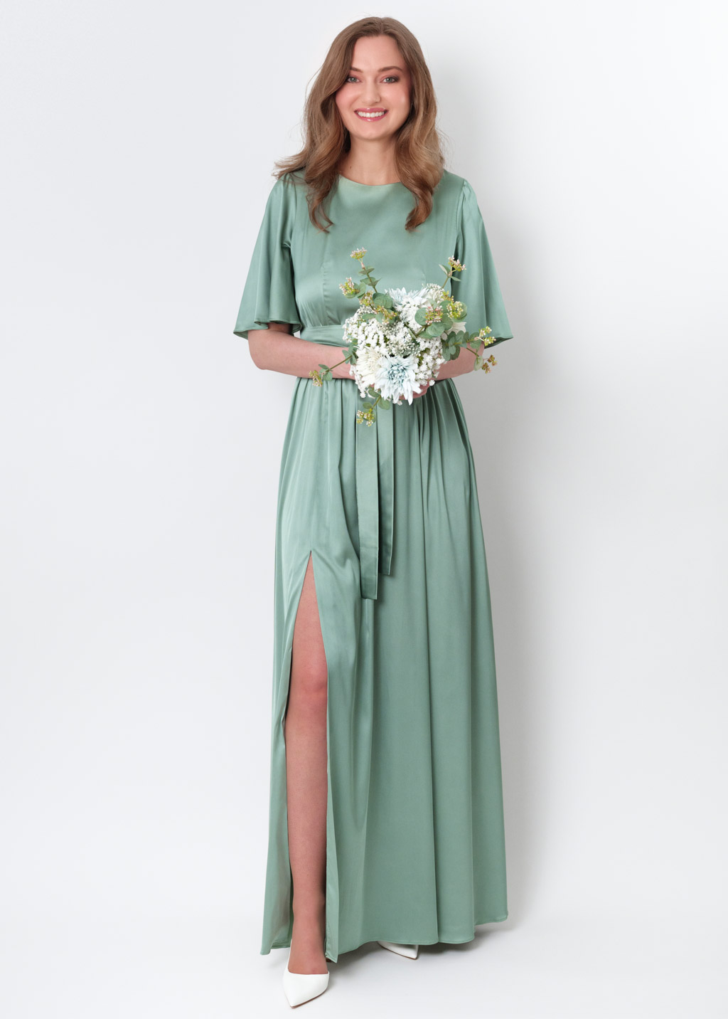 Sage green  silk dress with belt