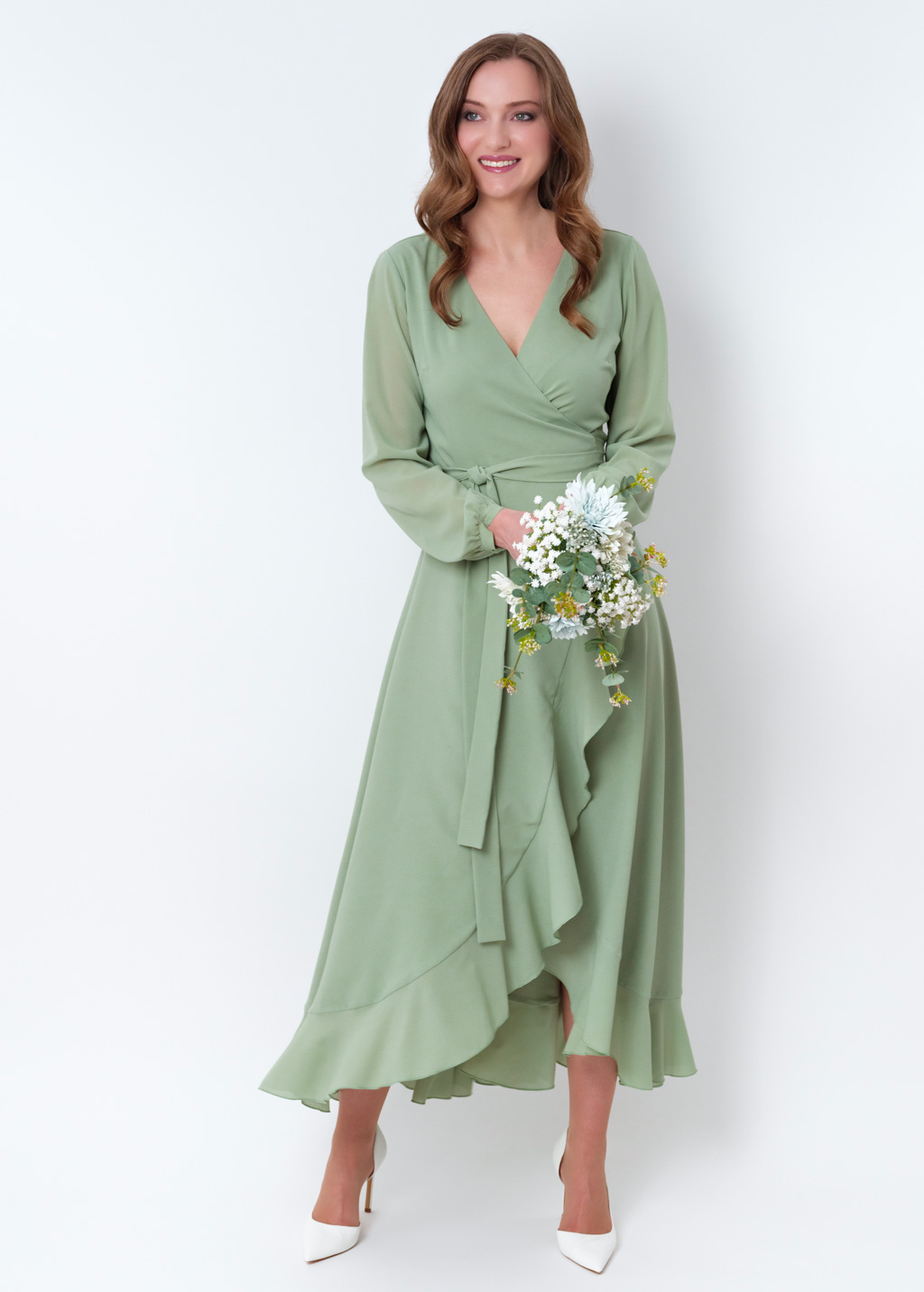 Sage green chiffon wrap dress