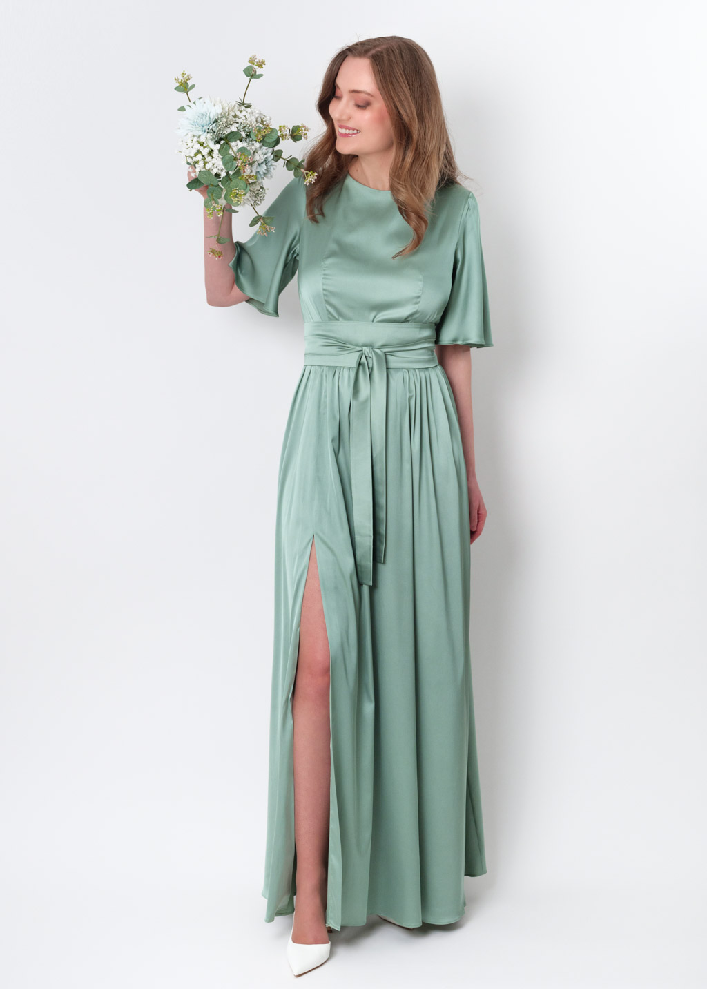 Sage green  silk dress with belt