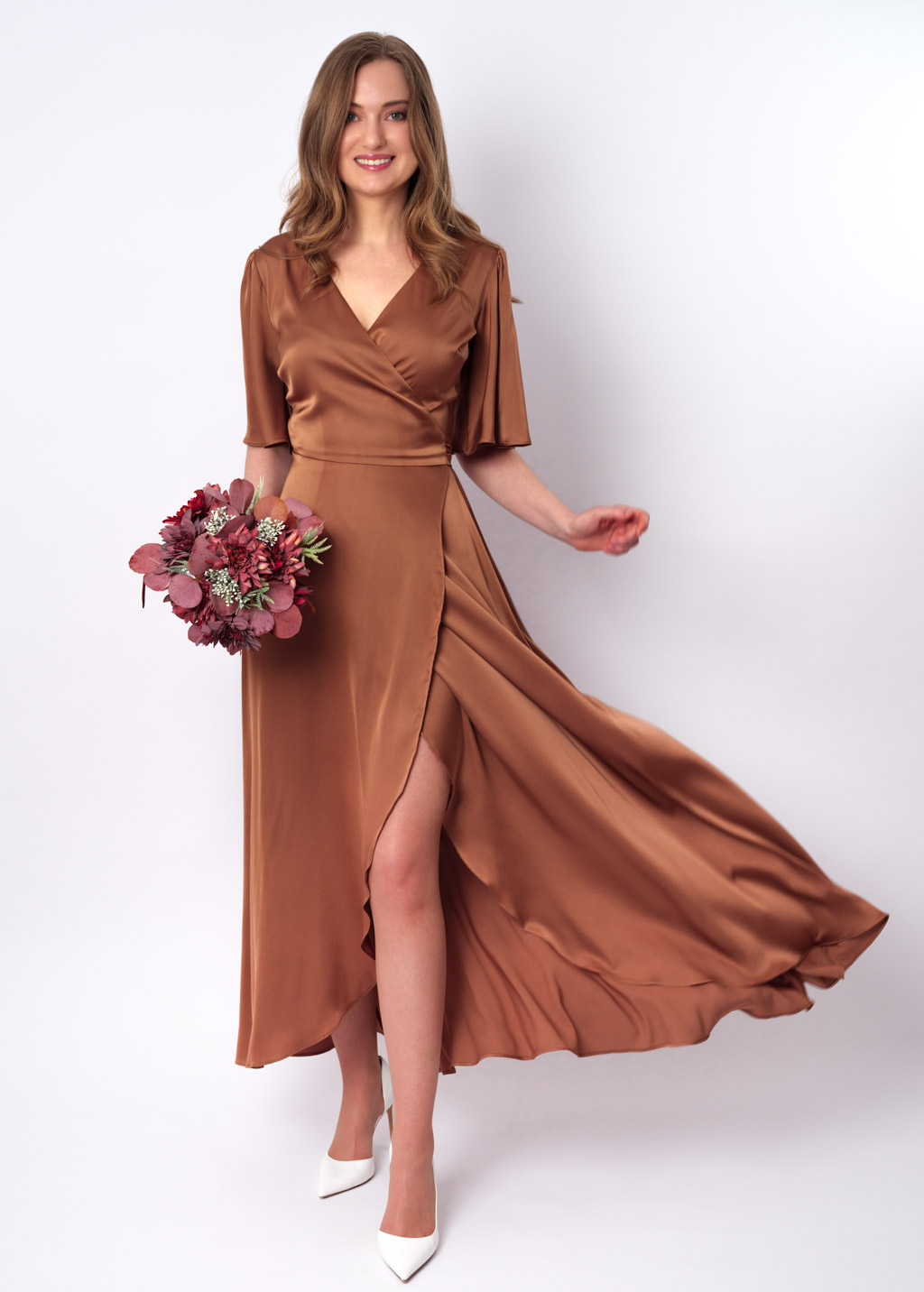 Copper gold silk long wrap dress