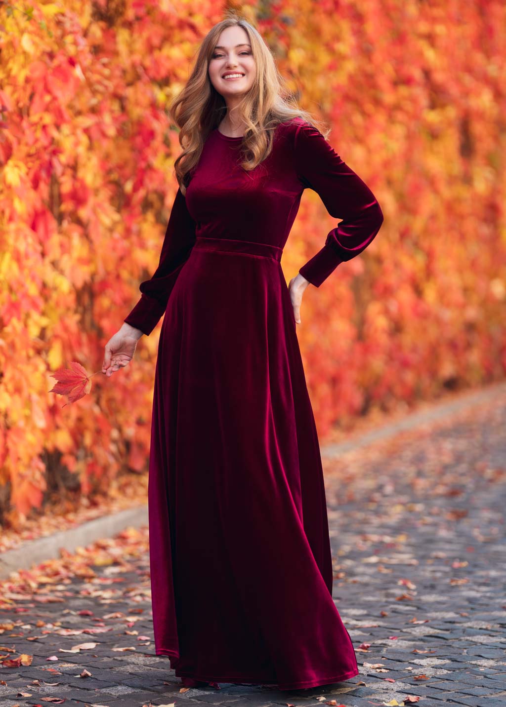 Burgundy velvet long dress