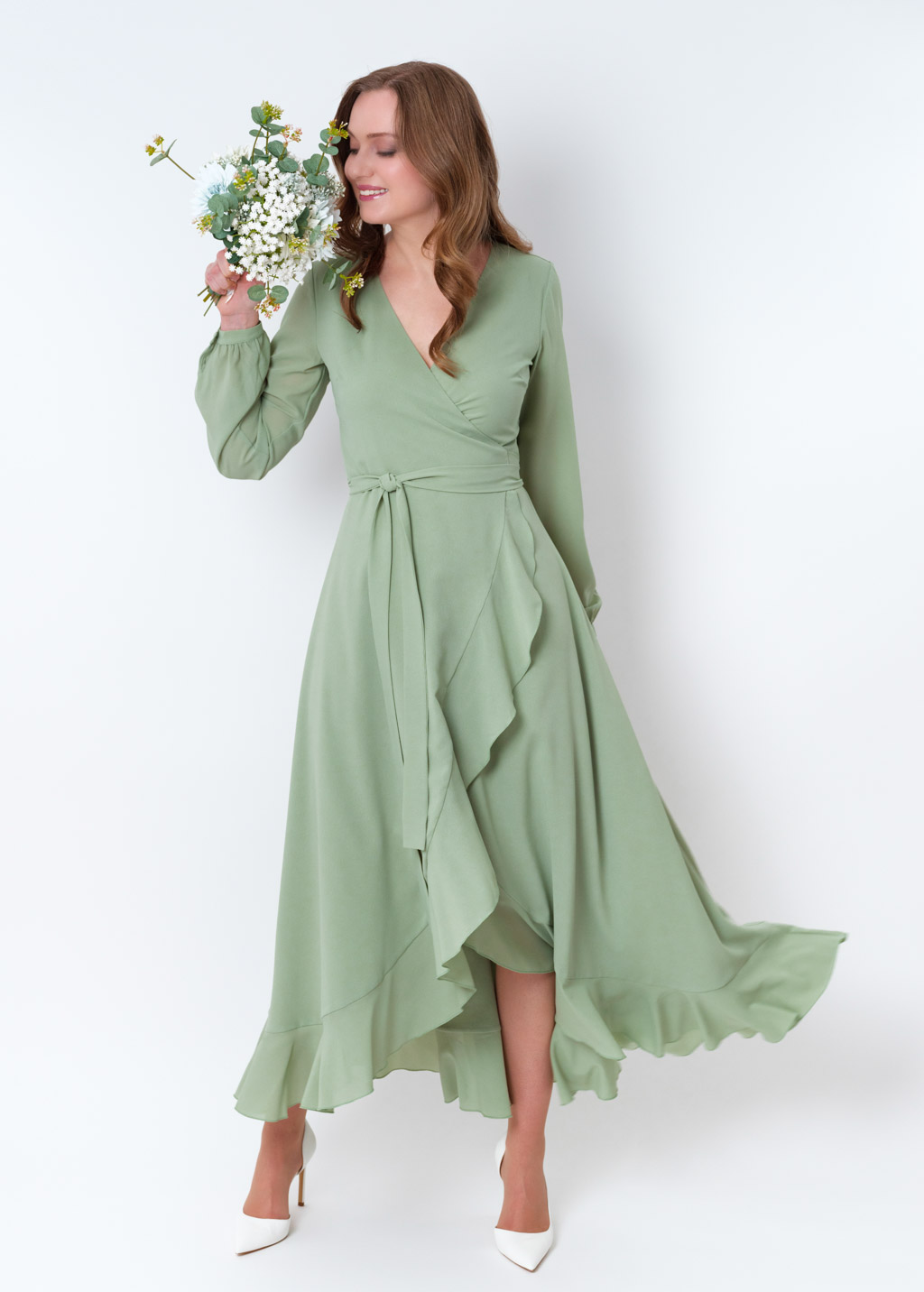 Sage green chiffon wrap dress