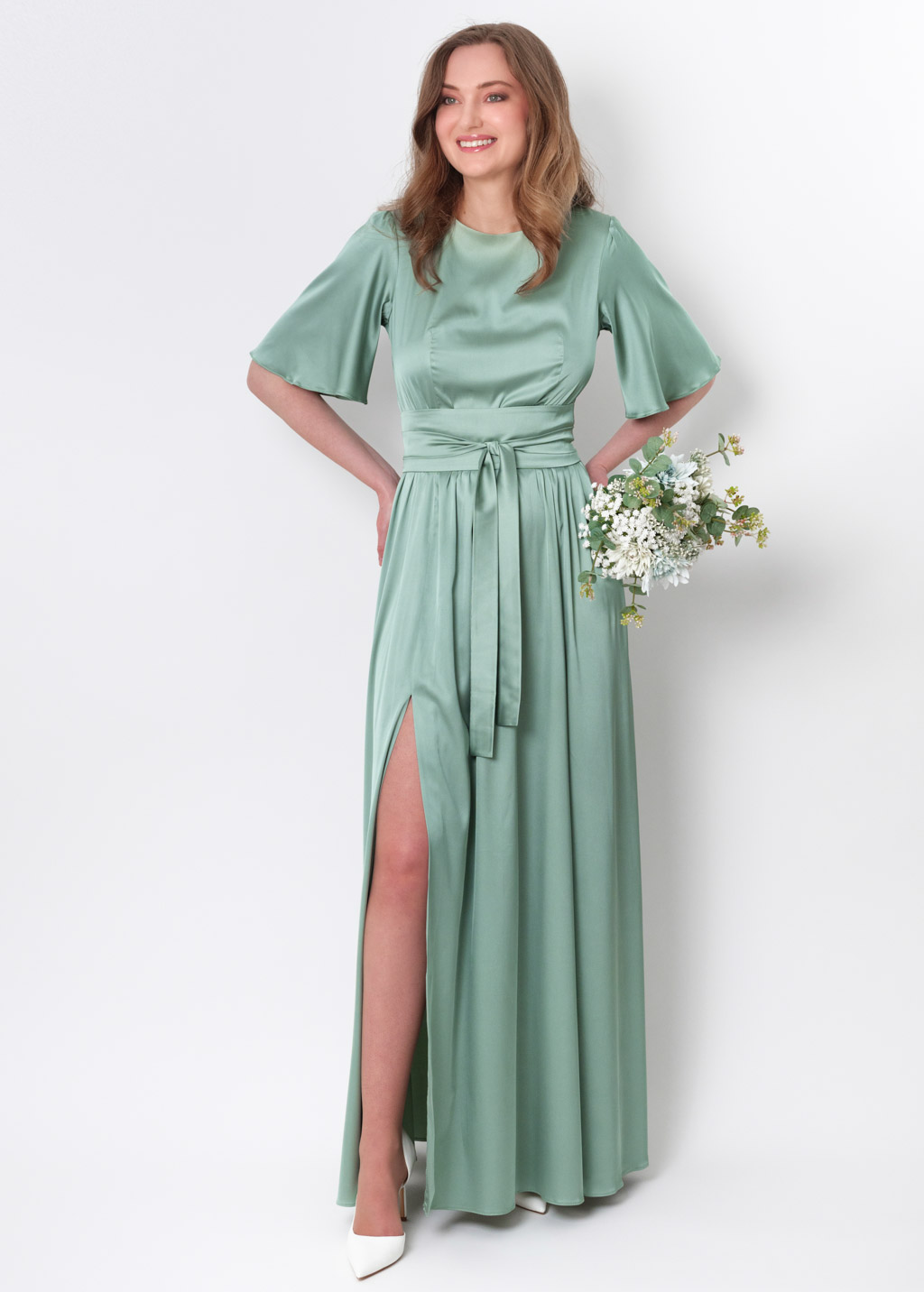 Sage green  silk dress with belt