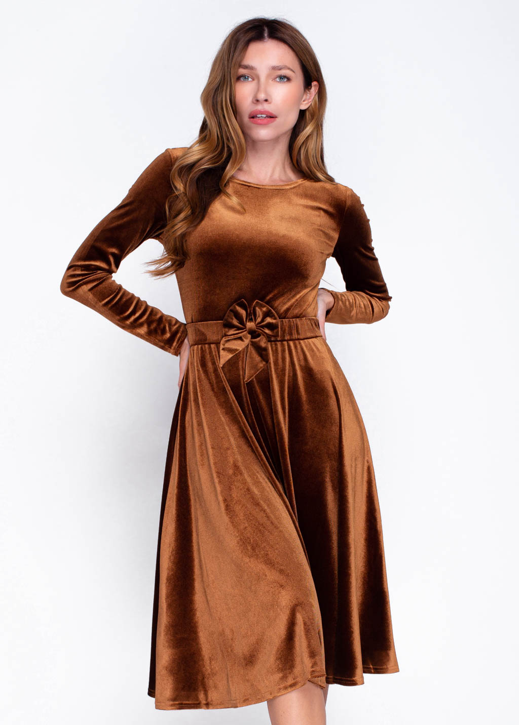 Rust gold velvet dress with belt