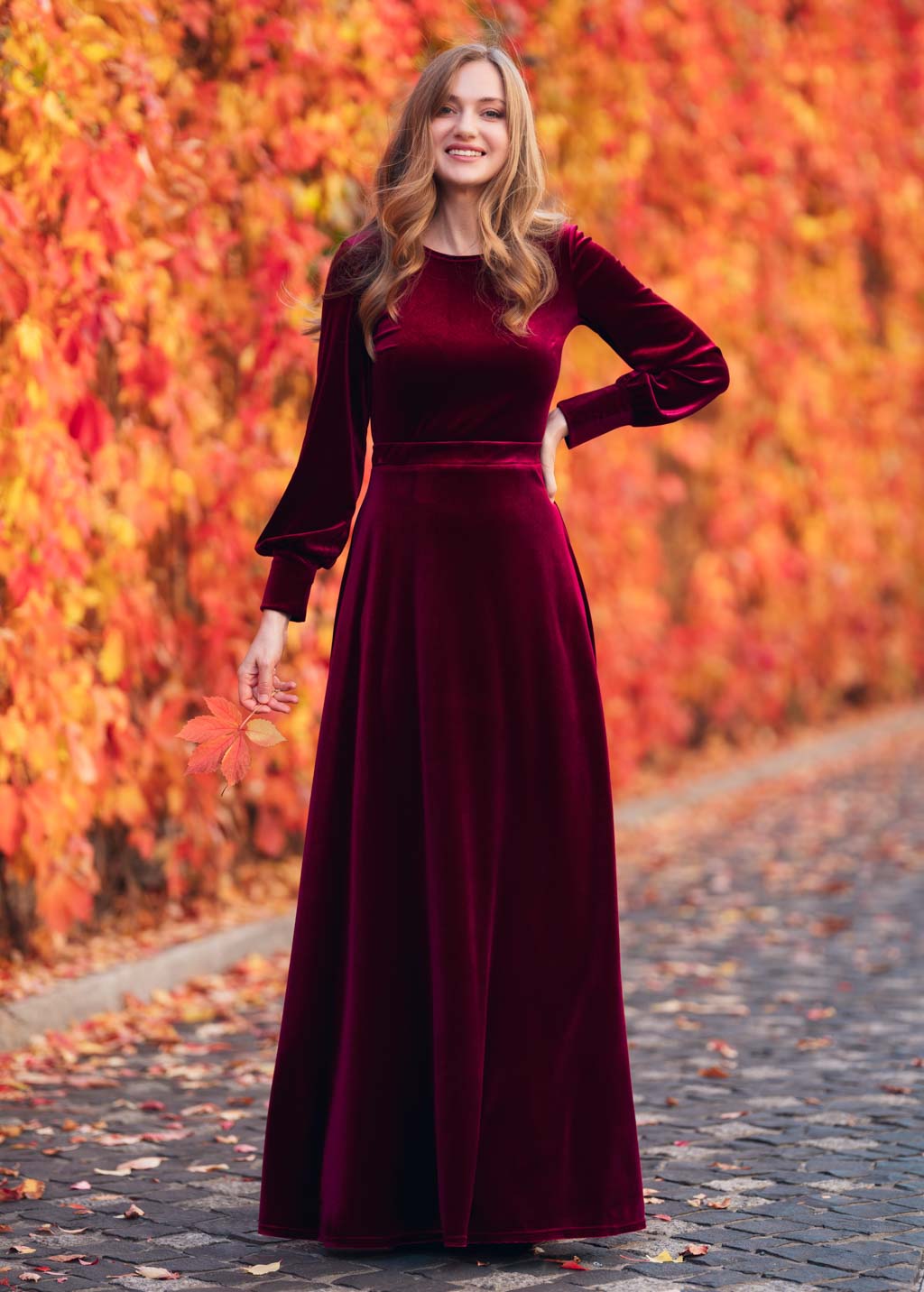Burgundy velvet long dress