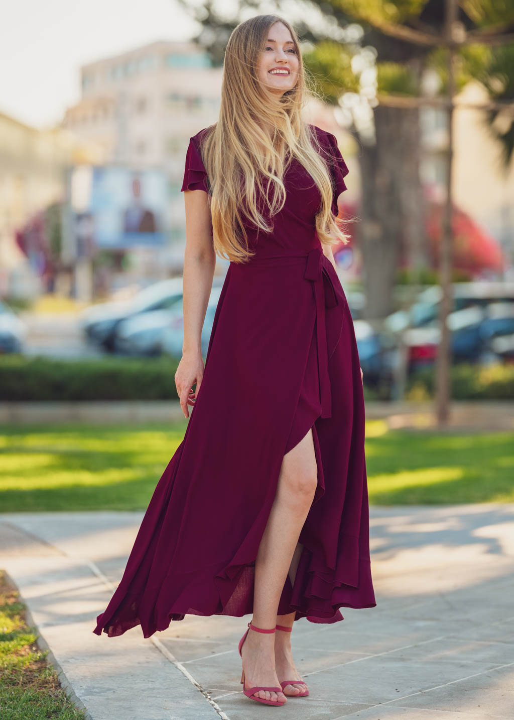 Burgundy romantic wrap around dress