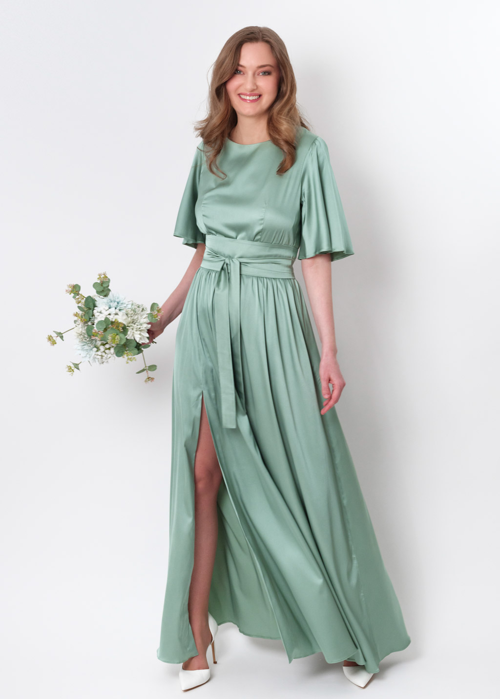 Sage green slit silk dress with belt