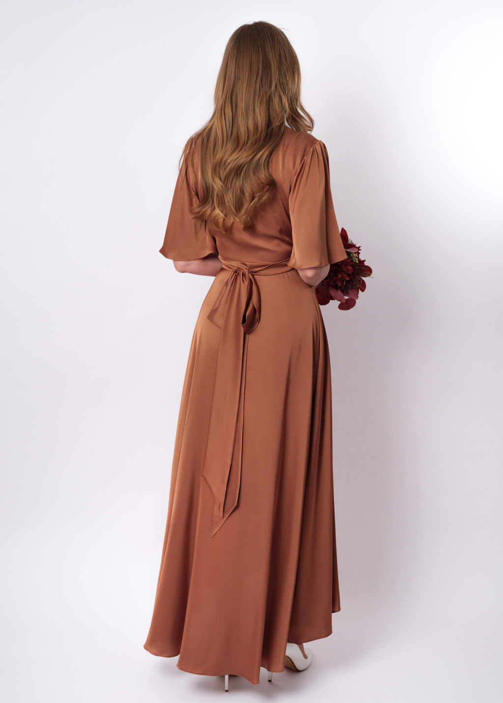 Copper gold silk long wrap dress