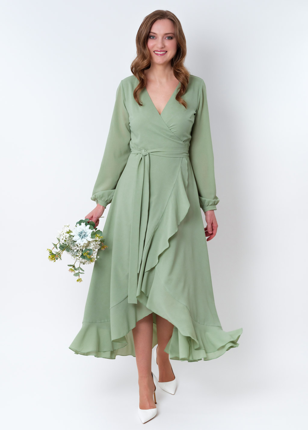 Sage green chiffon wrap dress