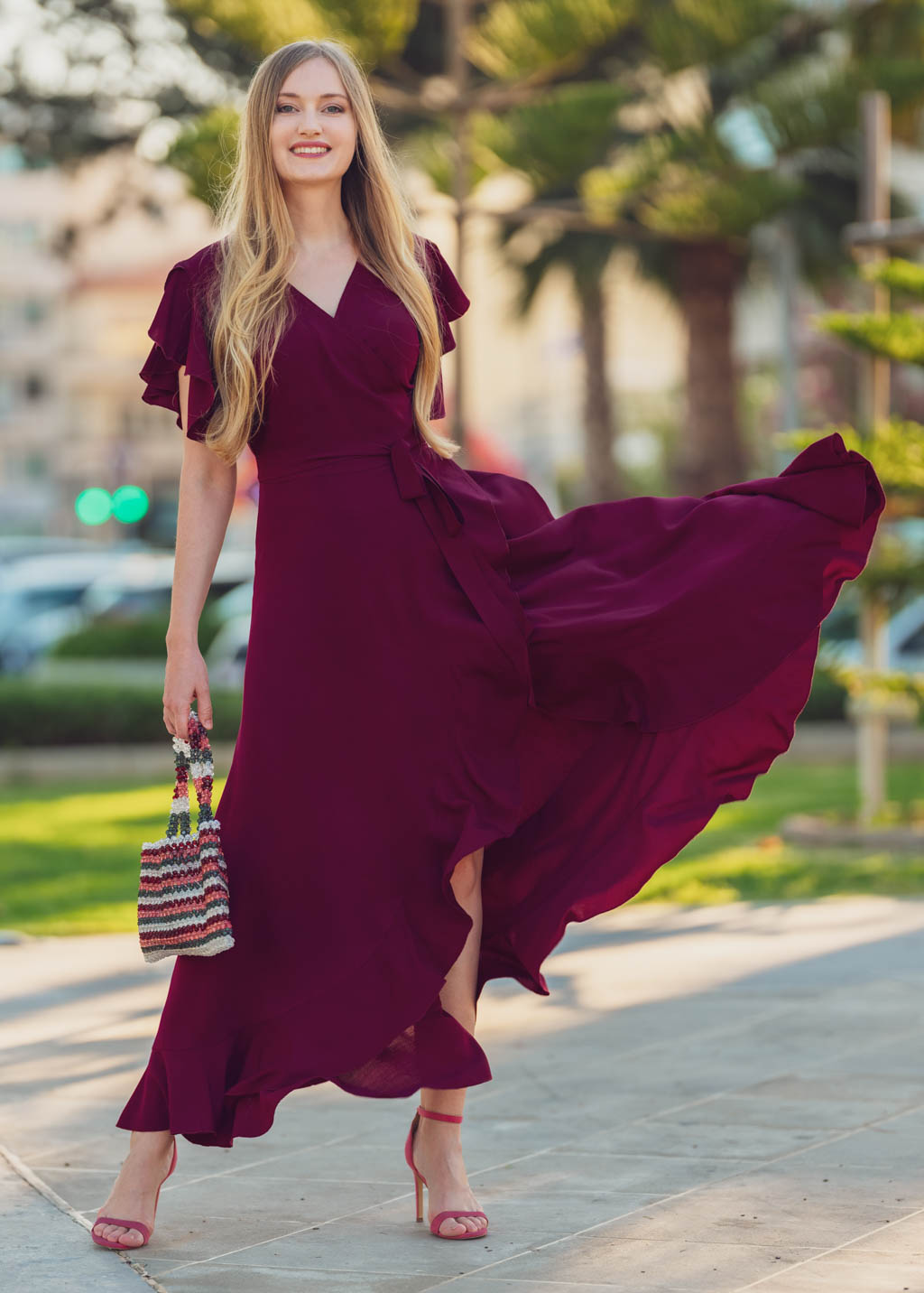 Burgundy romantic wrap around dress