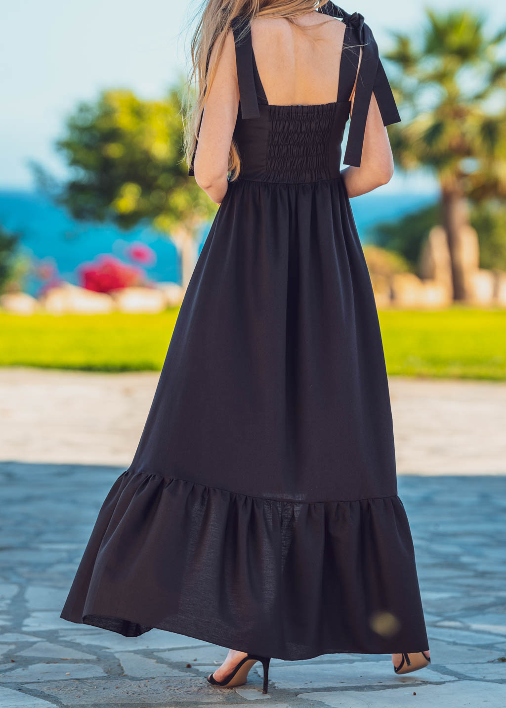 Black organic linen long summer dress