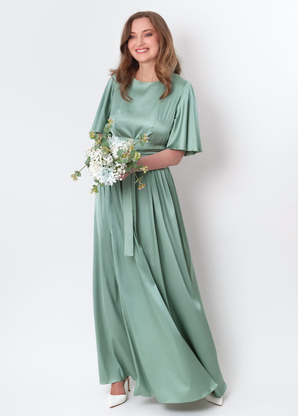 Sage green  silk dress with belt