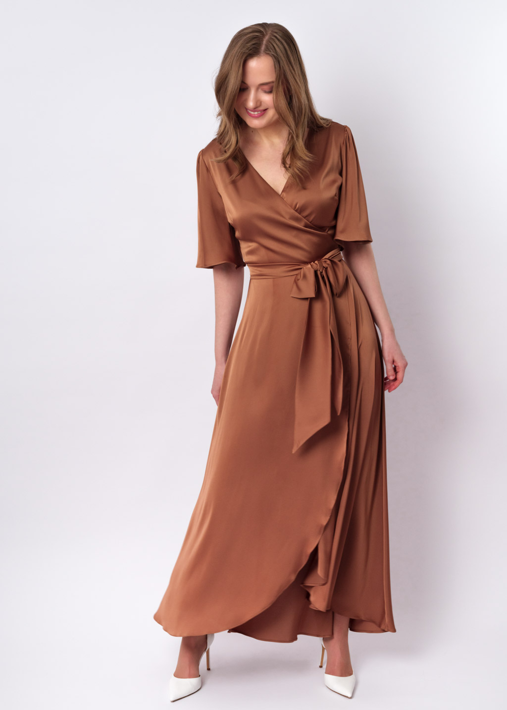 Copper gold silk long wrap dress