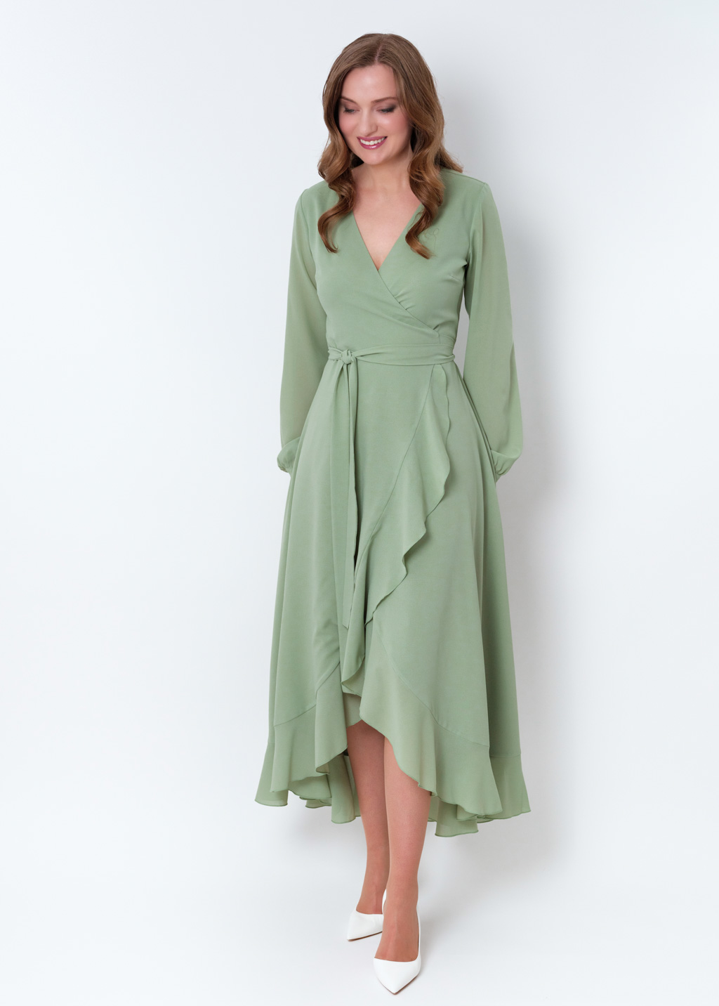 Sage green chiffon wrap dress