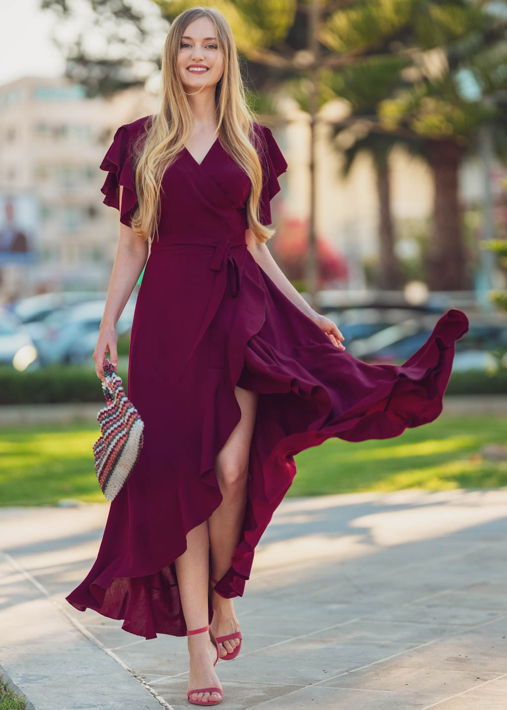 Burgundy romantic wrap around dress