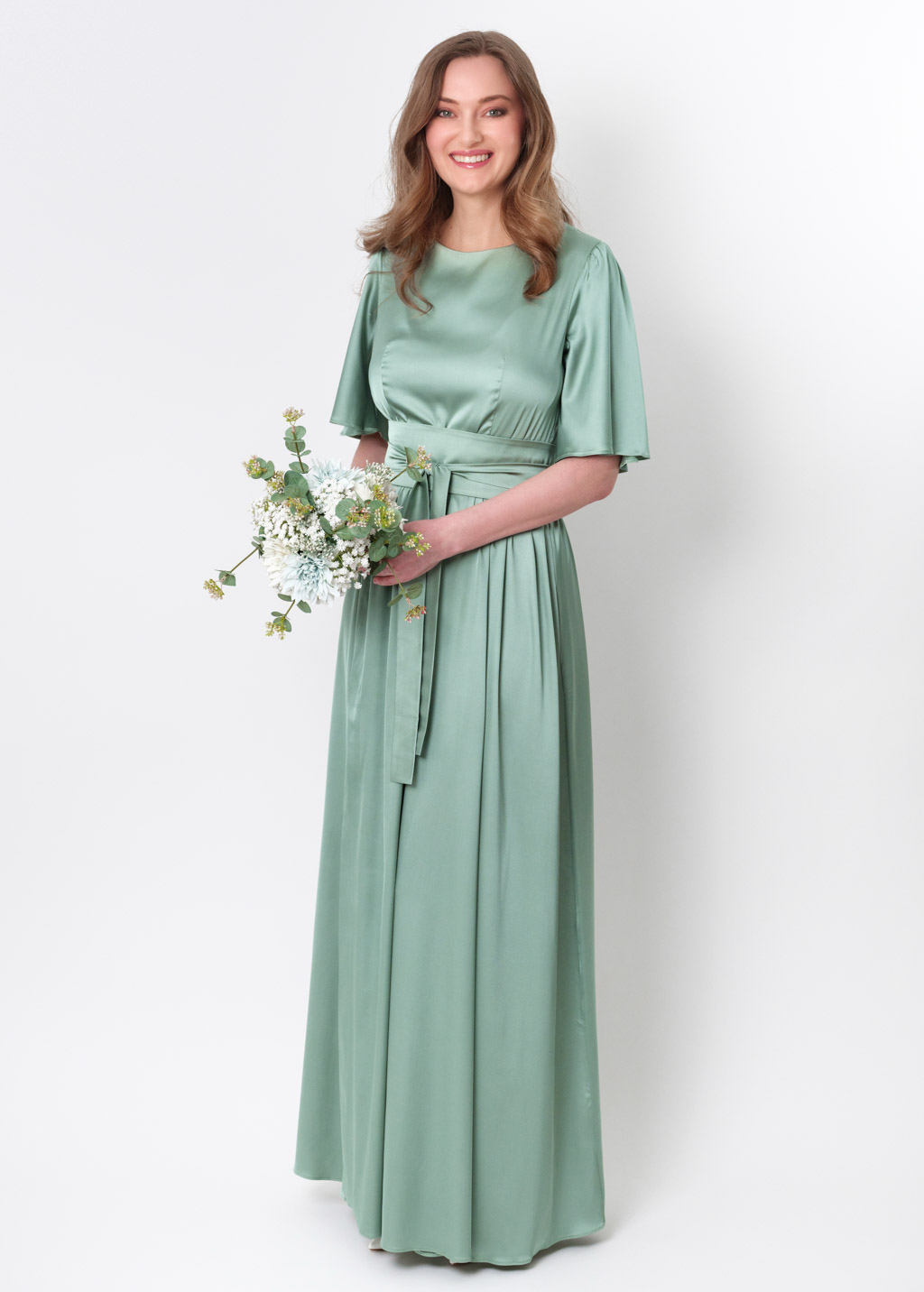 Sage green slit silk dress with belt