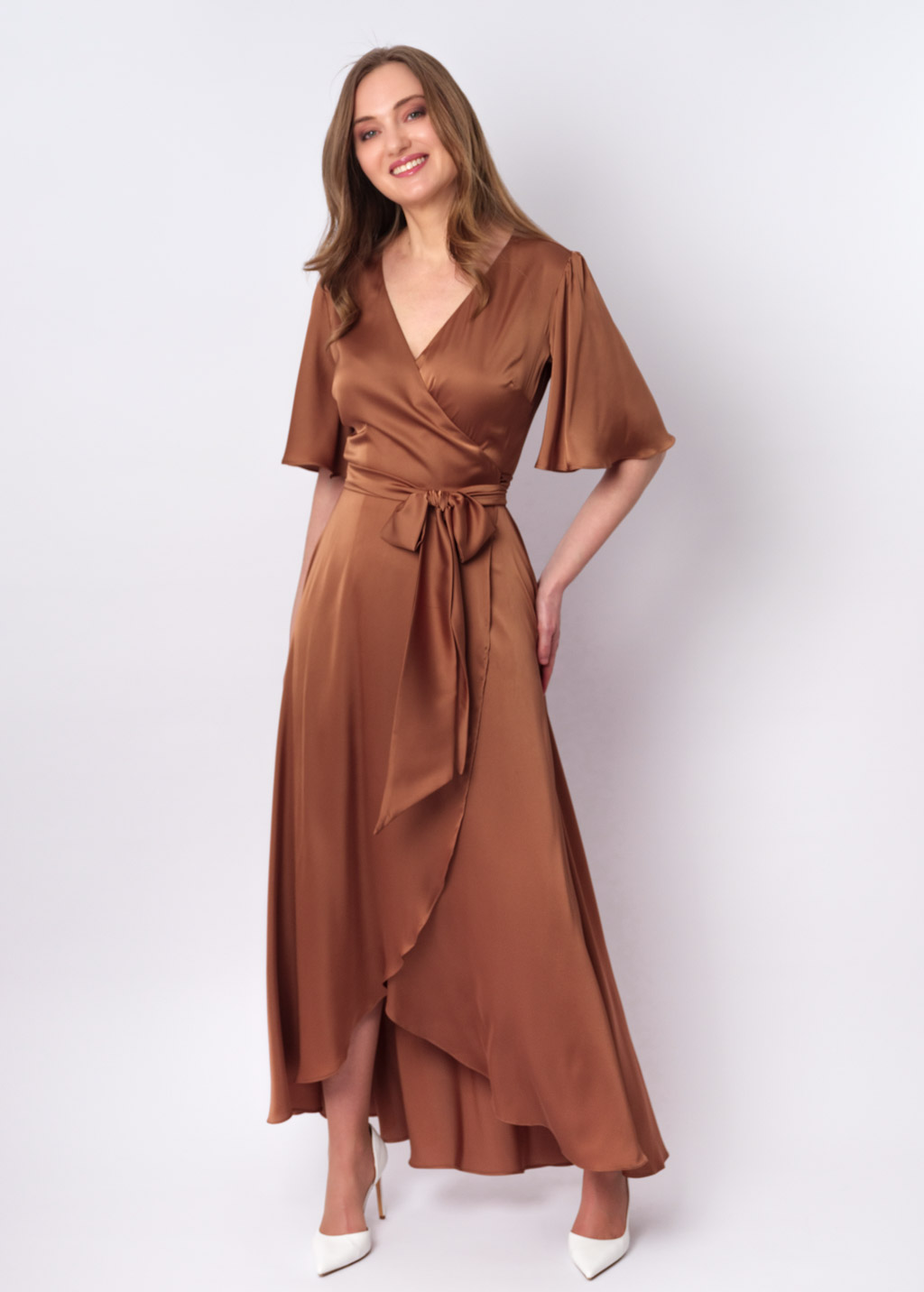 Copper gold silk long wrap dress