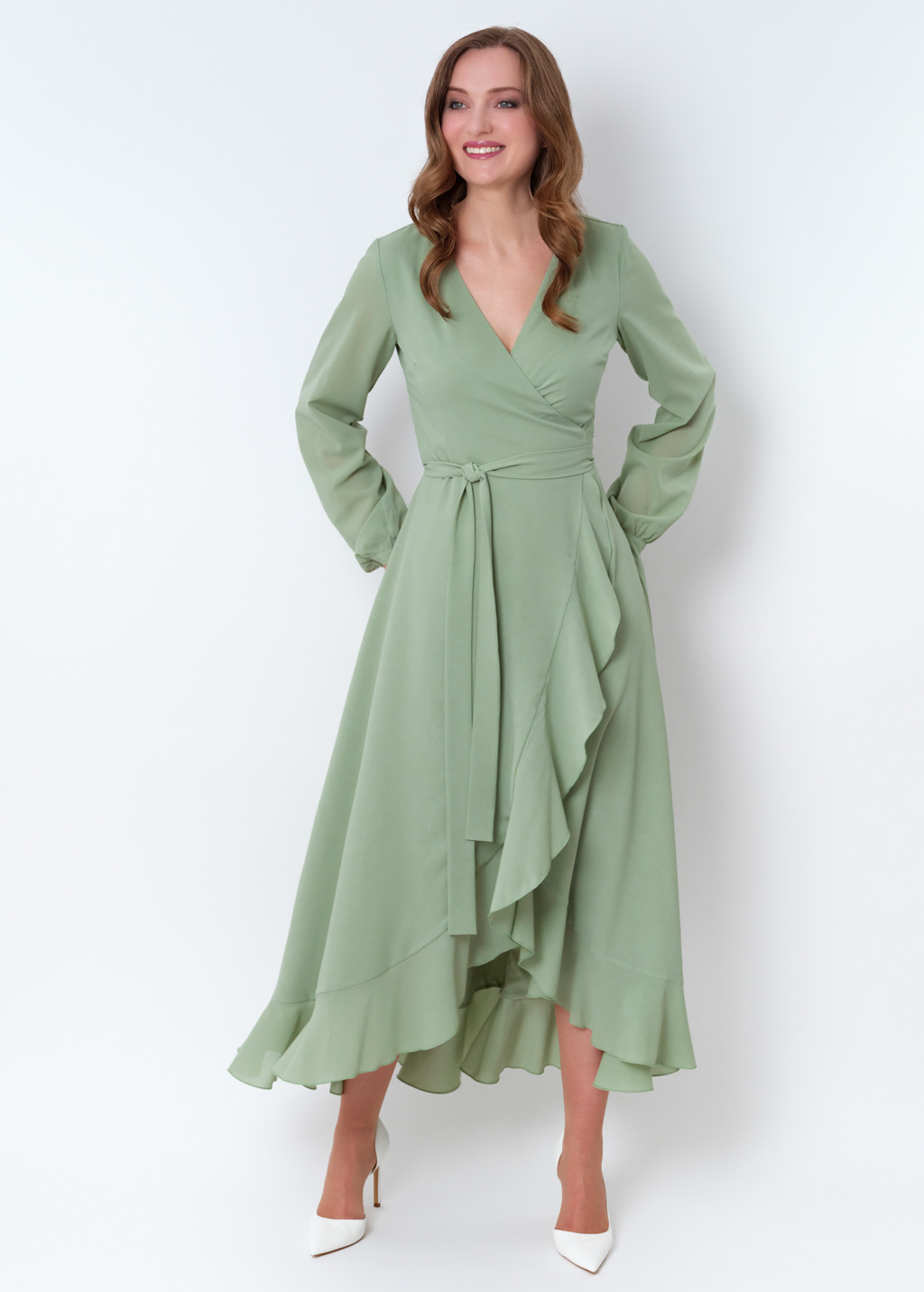 Sage green chiffon wrap dress