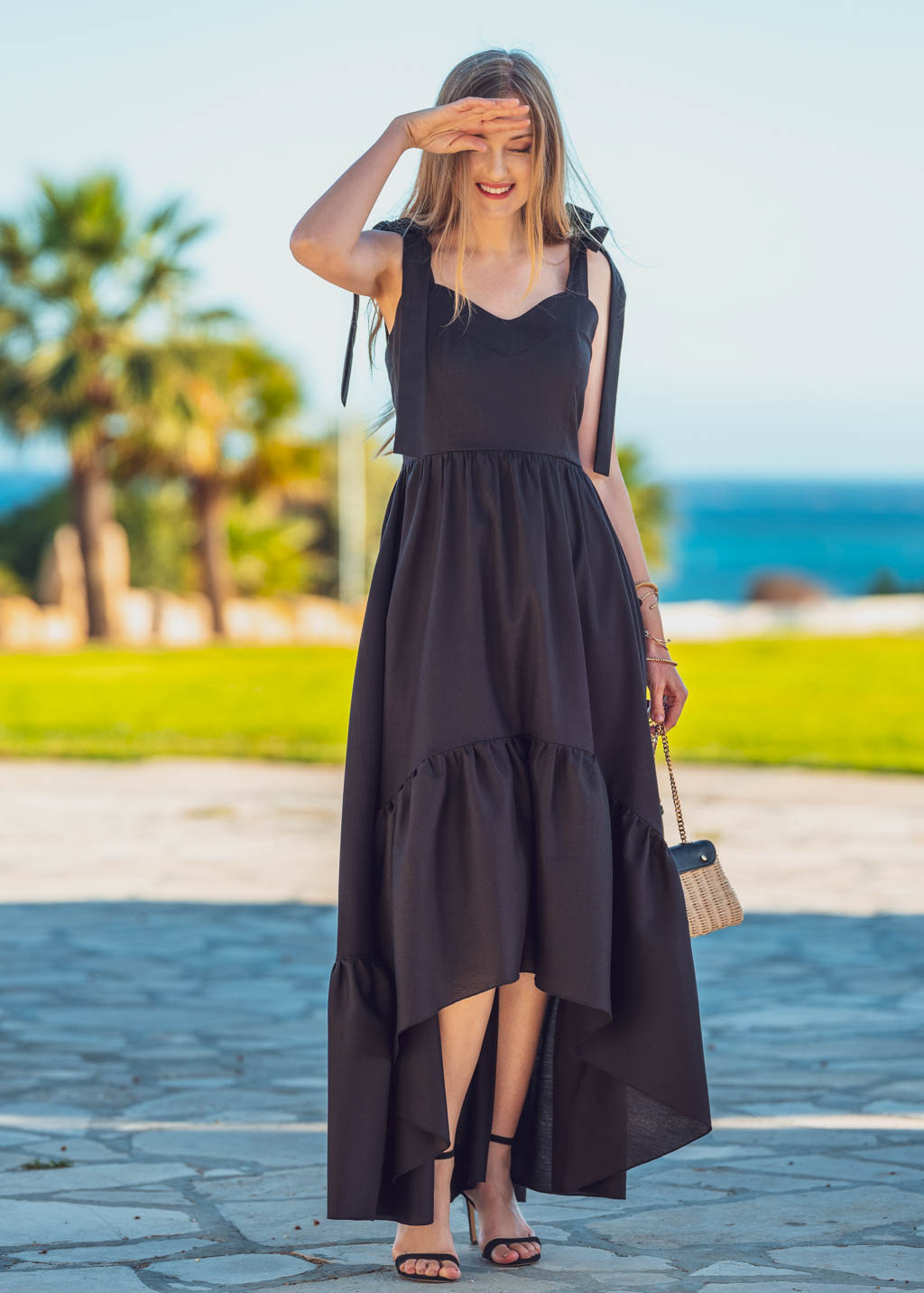 Black organic linen long summer dress