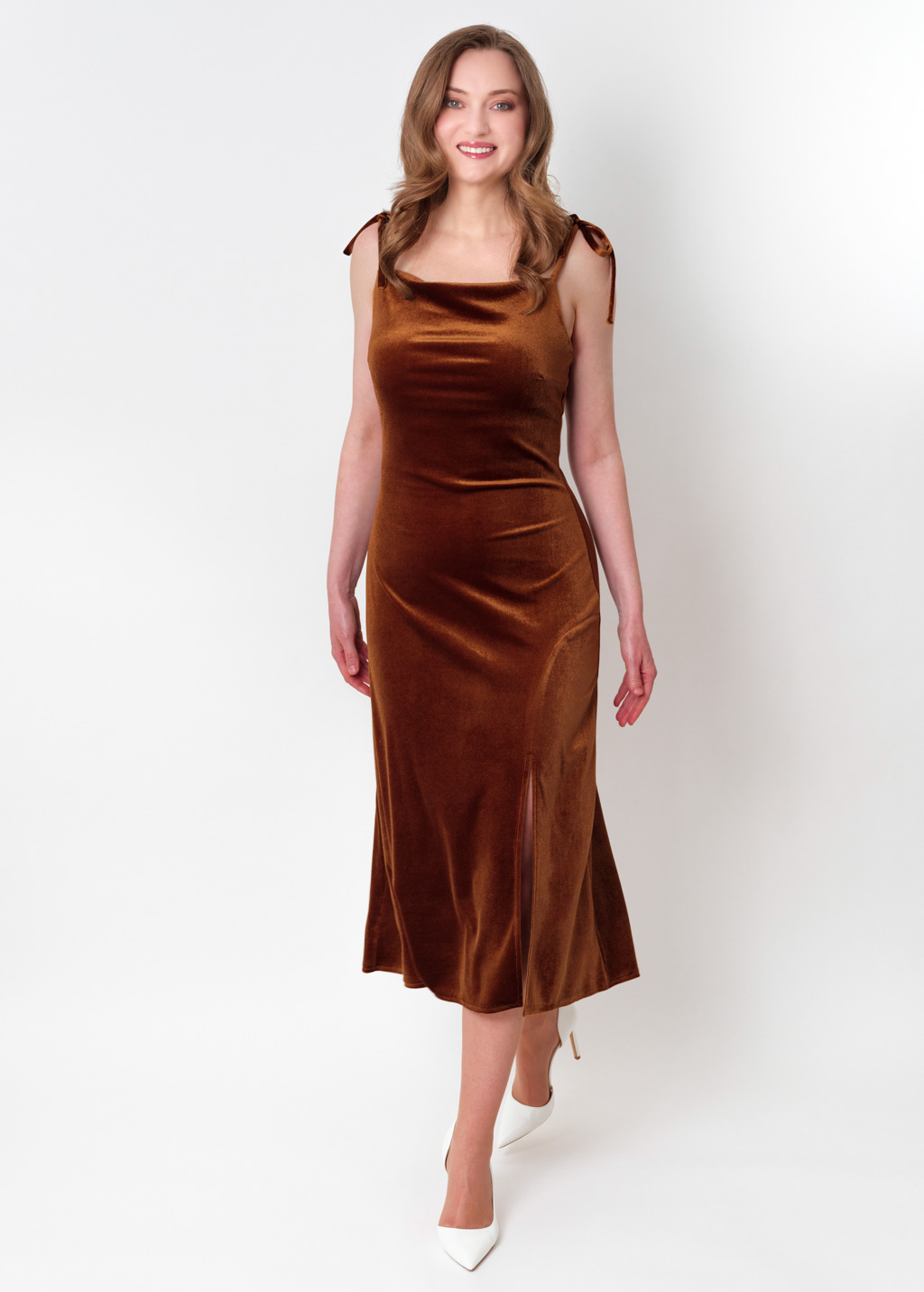 Rust gold slip slit velvet bodycon dress