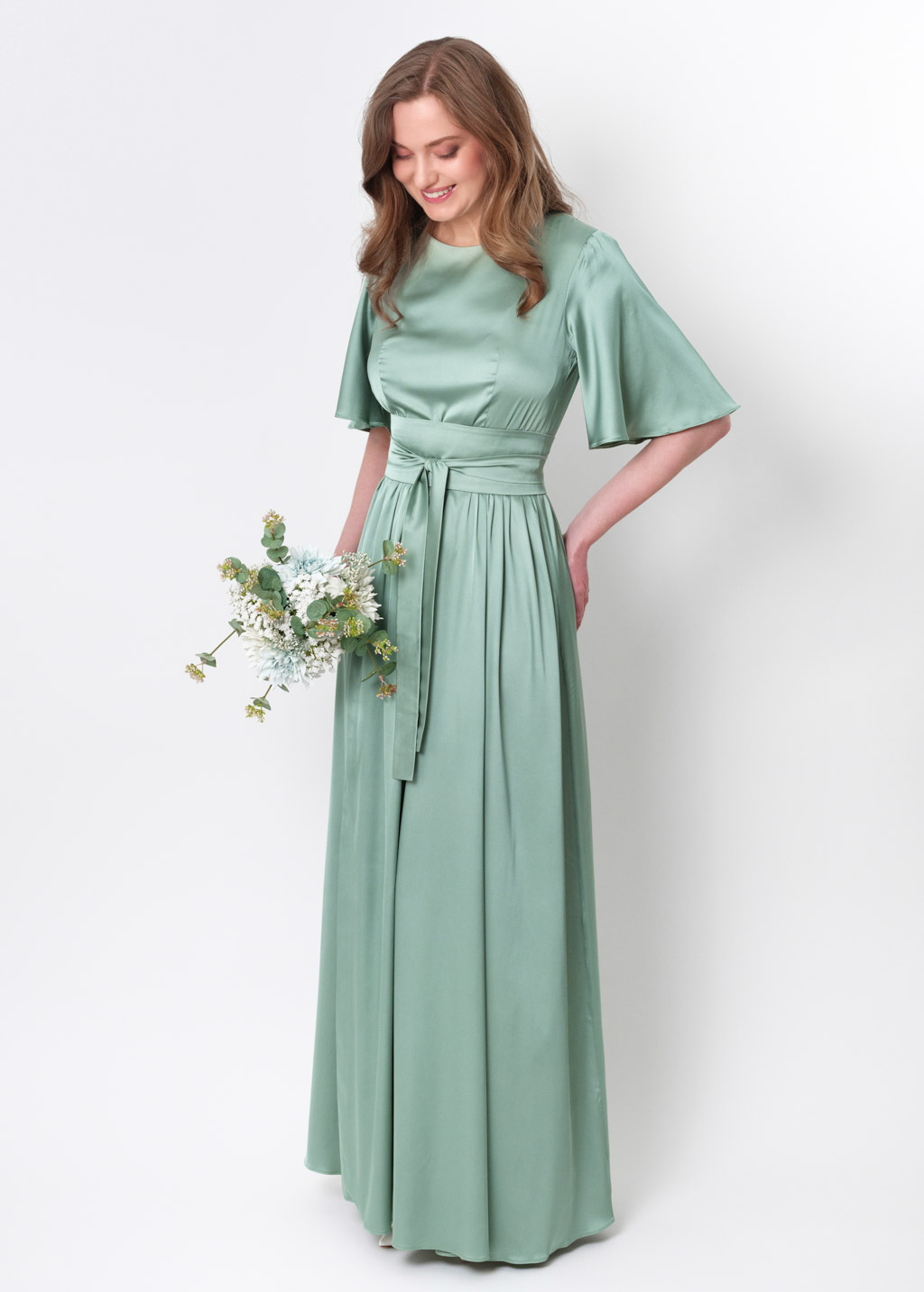 Sage green  silk dress with belt