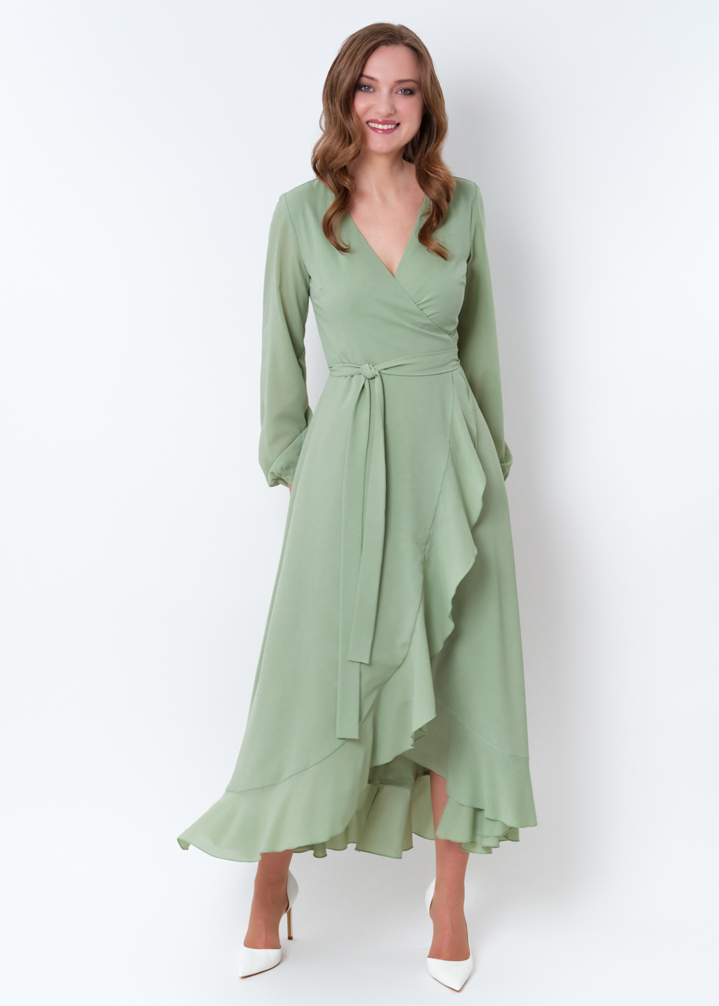 Sage green chiffon wrap dress