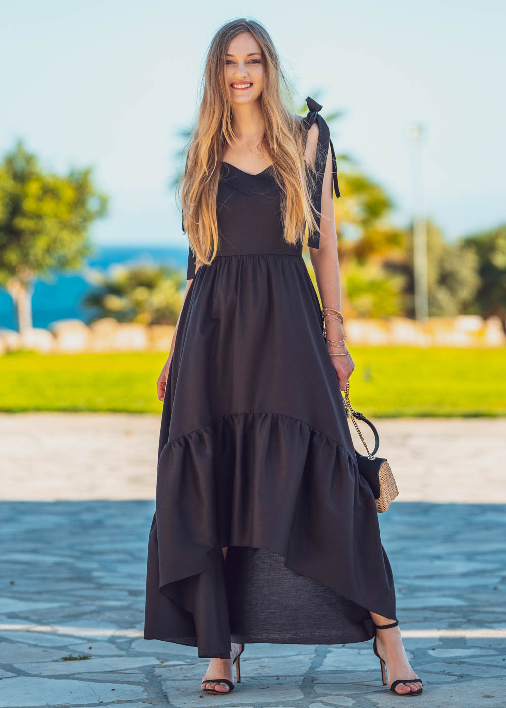 Black organic linen long summer dress