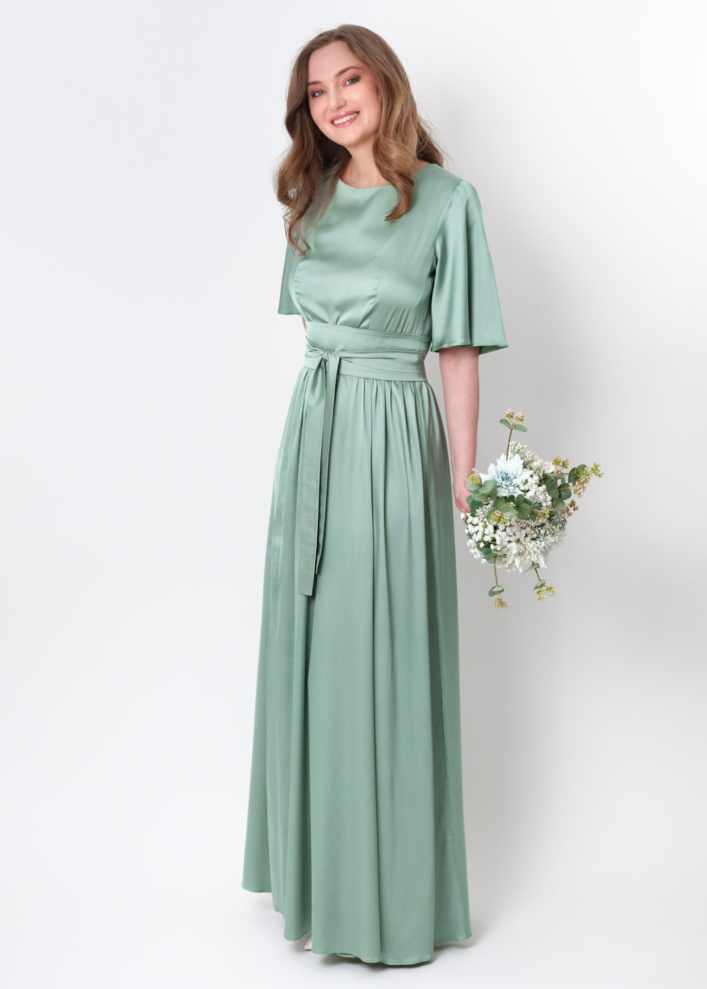 Sage green  silk dress with belt