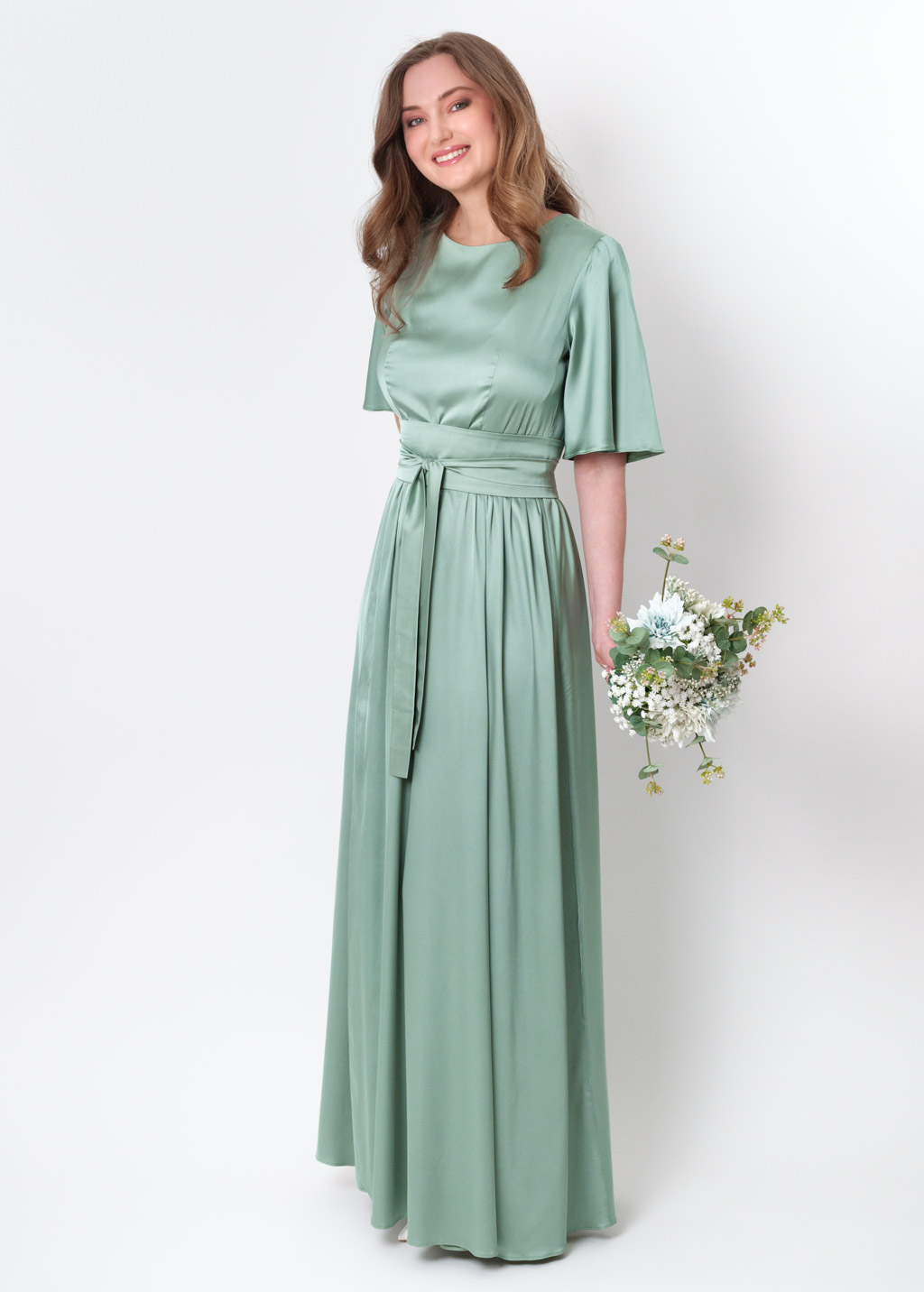 Sage green slit silk dress with belt