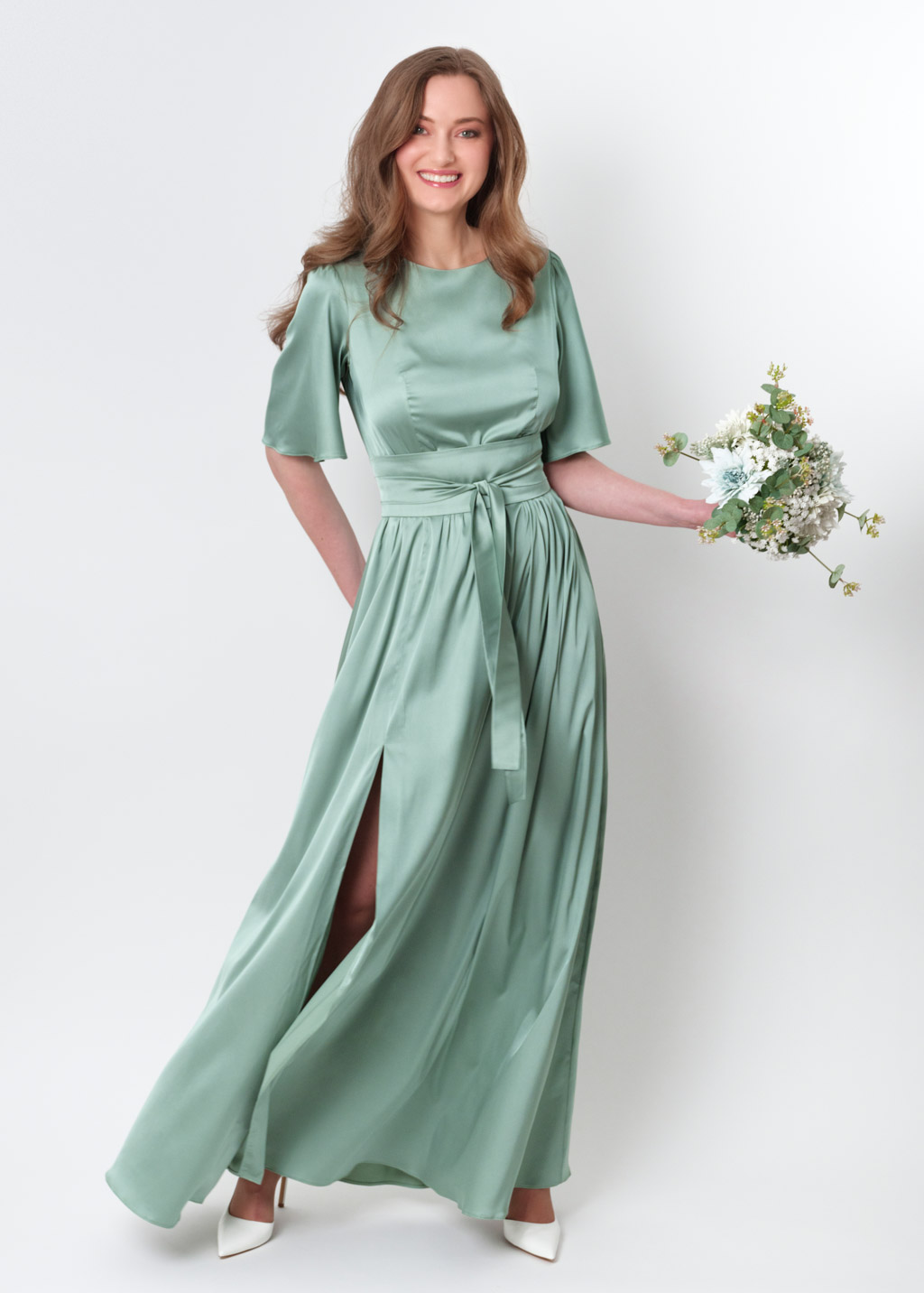 Sage green slit silk dress with belt