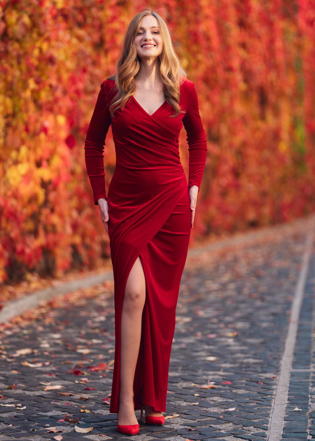Red long wrap bodycon velvet dress
