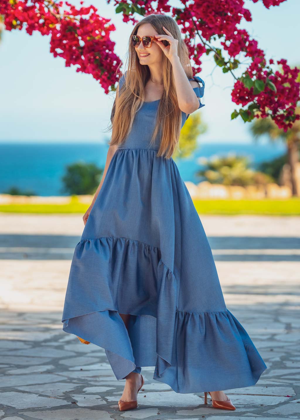 Blue cotton boho long summer dress