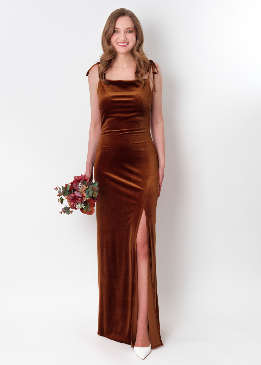 Rust gold slip slit velvet bodycon long dress
