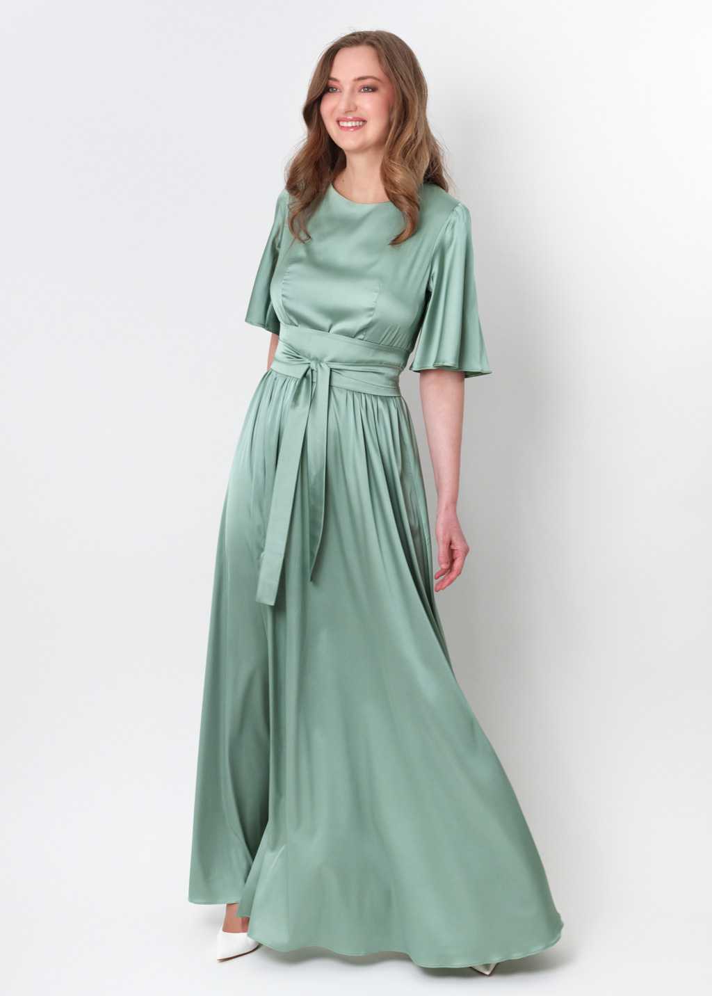 Sage green  silk dress with belt