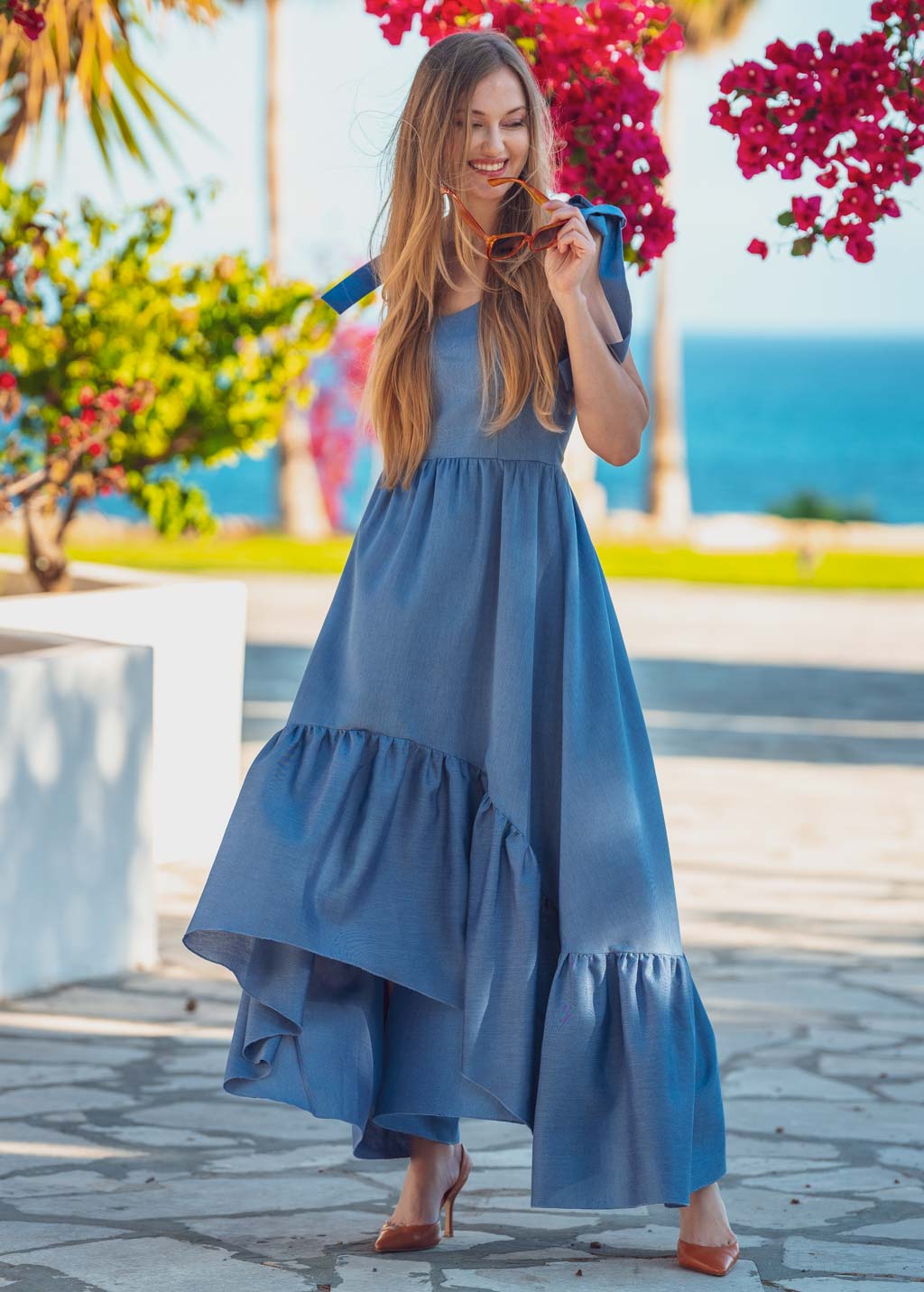 Blue cotton boho long summer dress