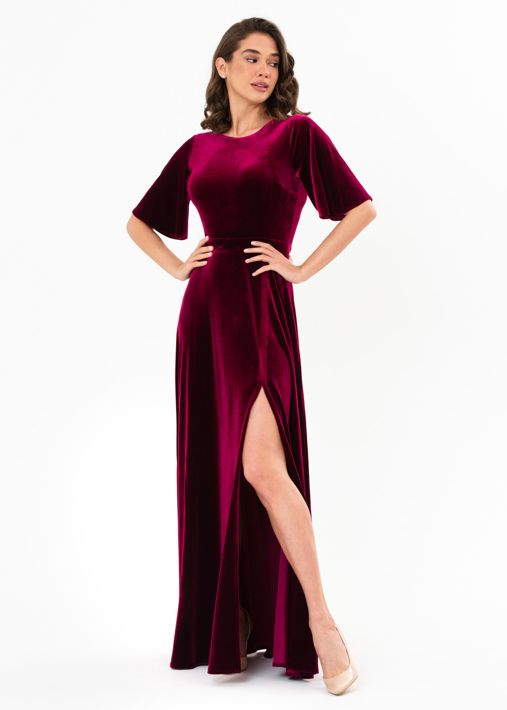 Plum burgundy velvet slit dress