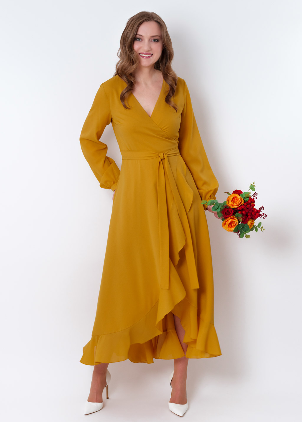 Gold chiffon wrap dress