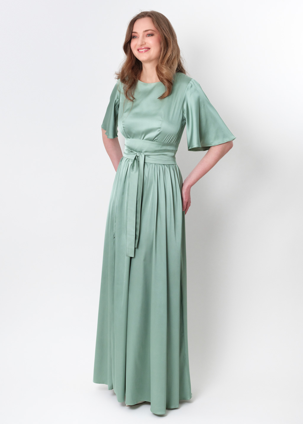 Sage green slit silk dress with belt