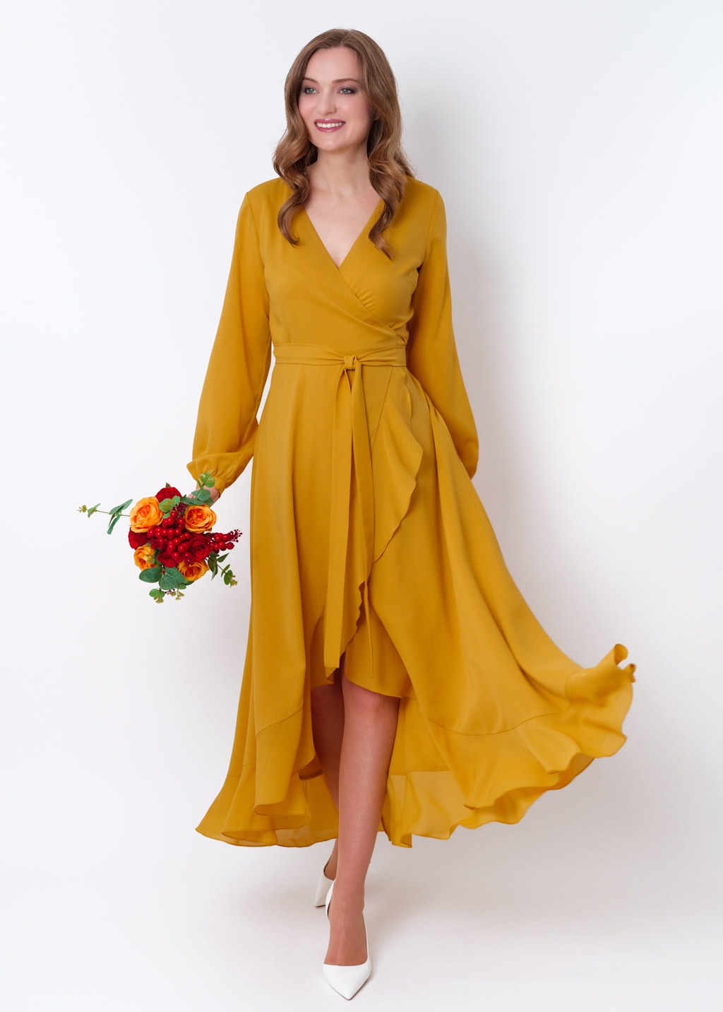 Gold chiffon wrap dress