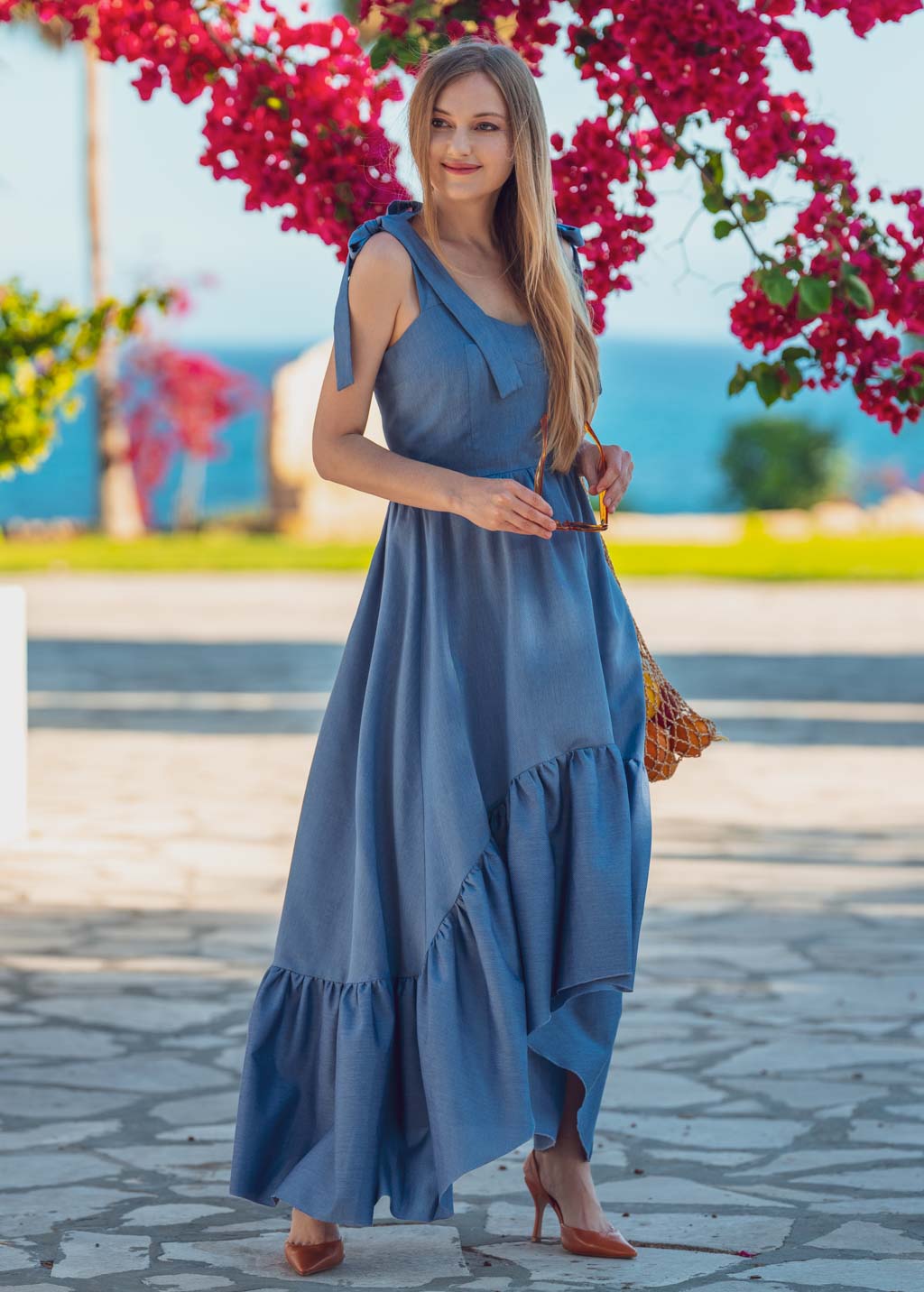 Blue cotton boho long summer dress