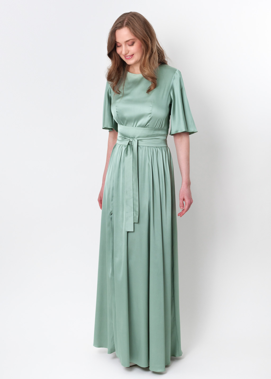 Sage green slit silk dress with belt
