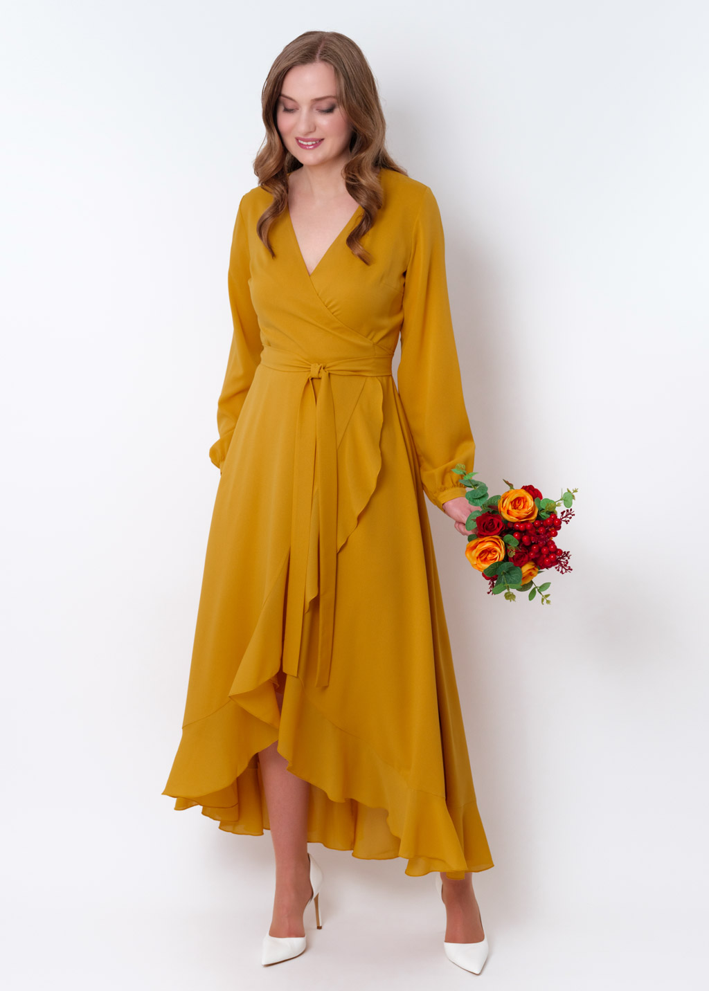 Gold chiffon wrap dress