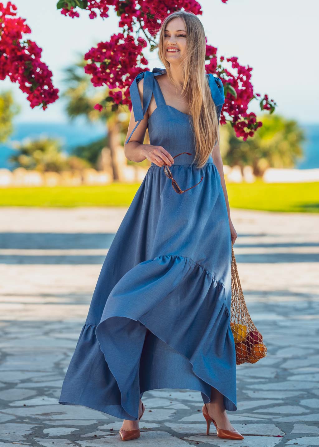 Blue cotton boho long summer dress