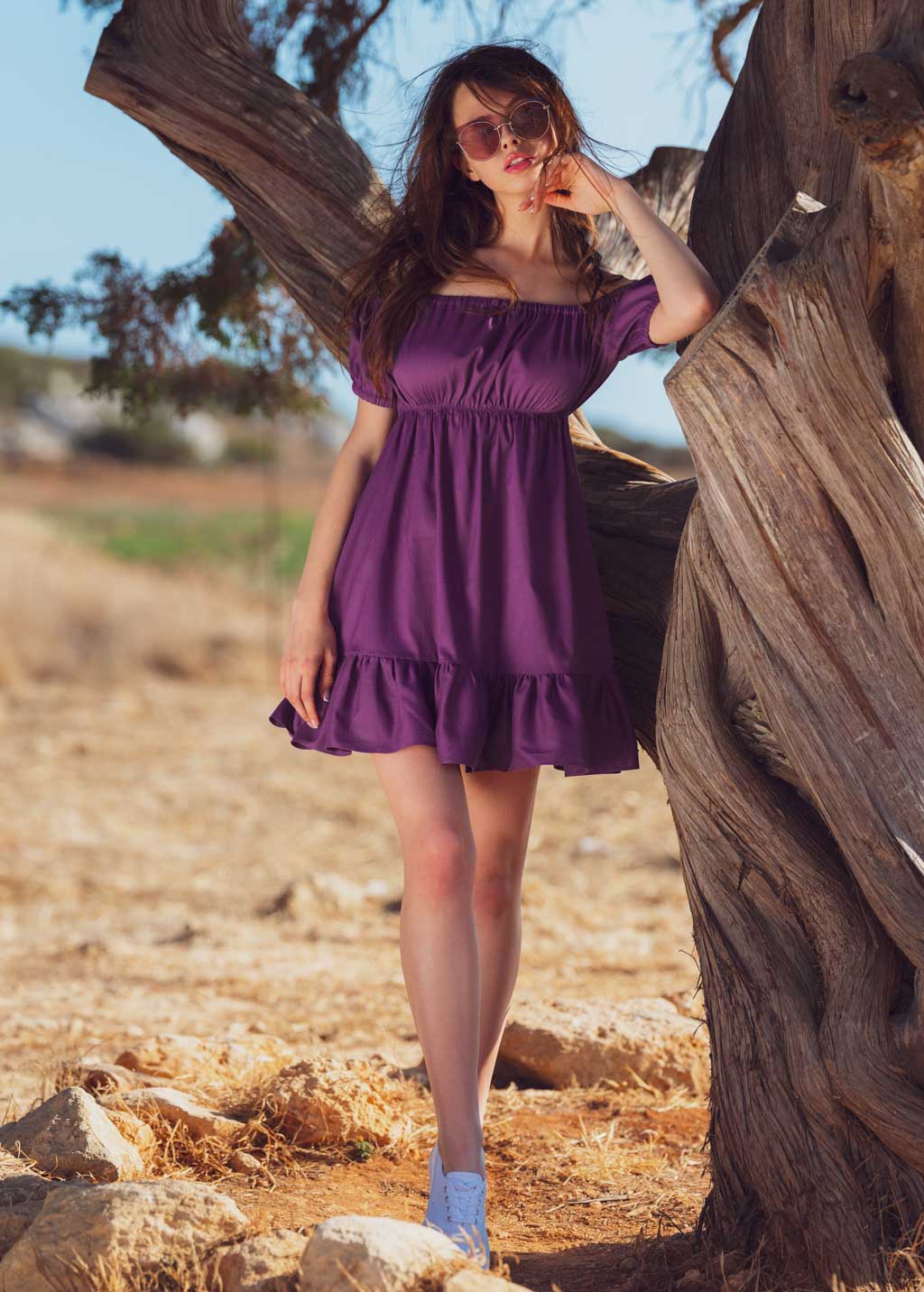 Purple organic linen off shoulder short dress