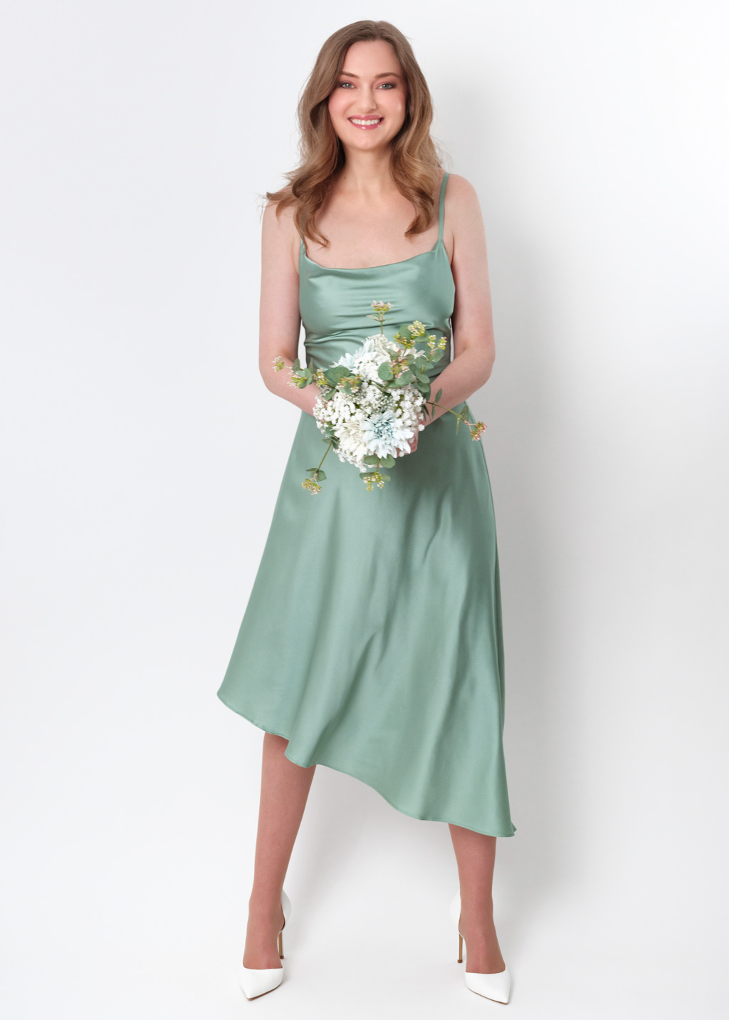 Sage green silk asymmetric dress