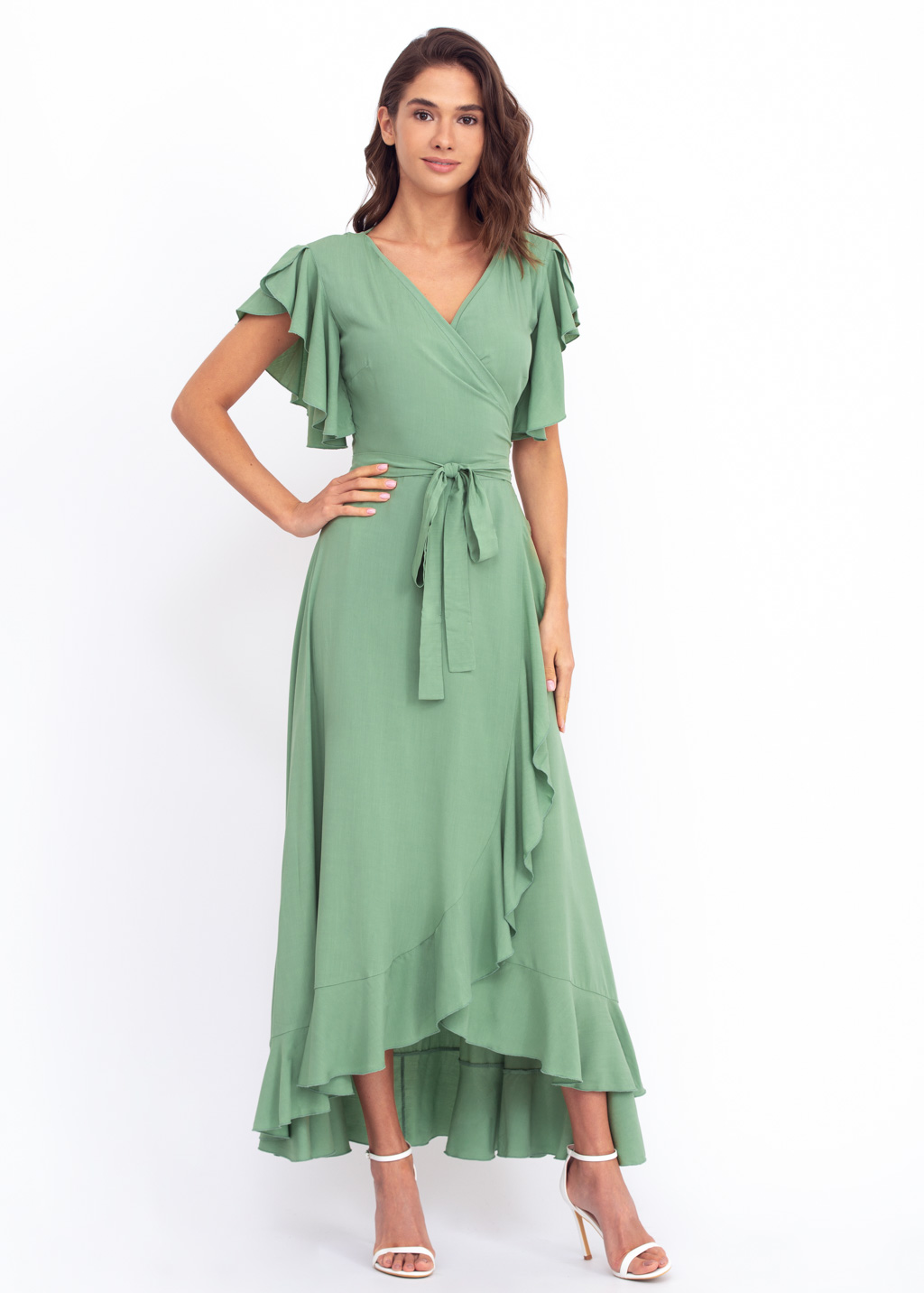 Sage green romantic wrap around dress