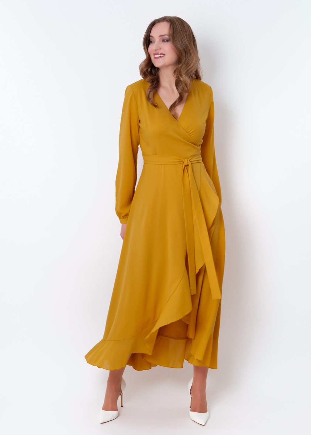 Gold chiffon wrap dress