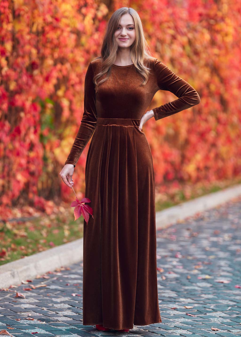 Rust gold velvet long dress