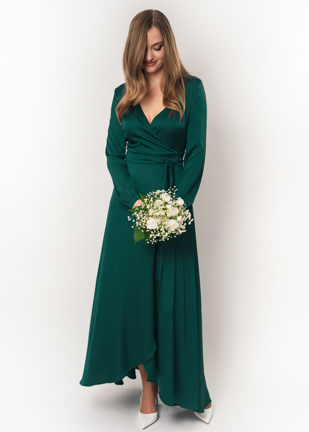 Dark green wrap silk dress