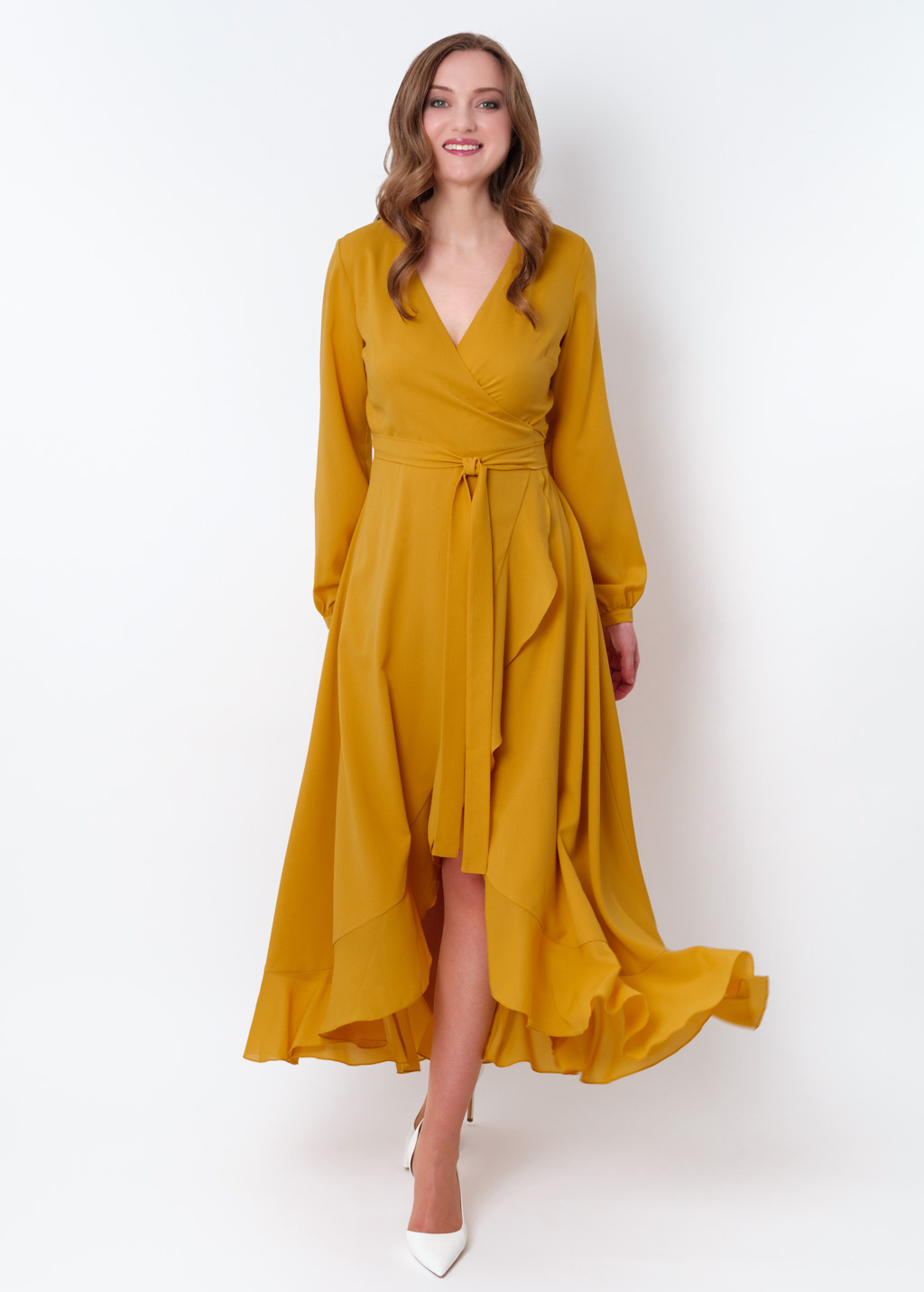 Gold chiffon wrap dress